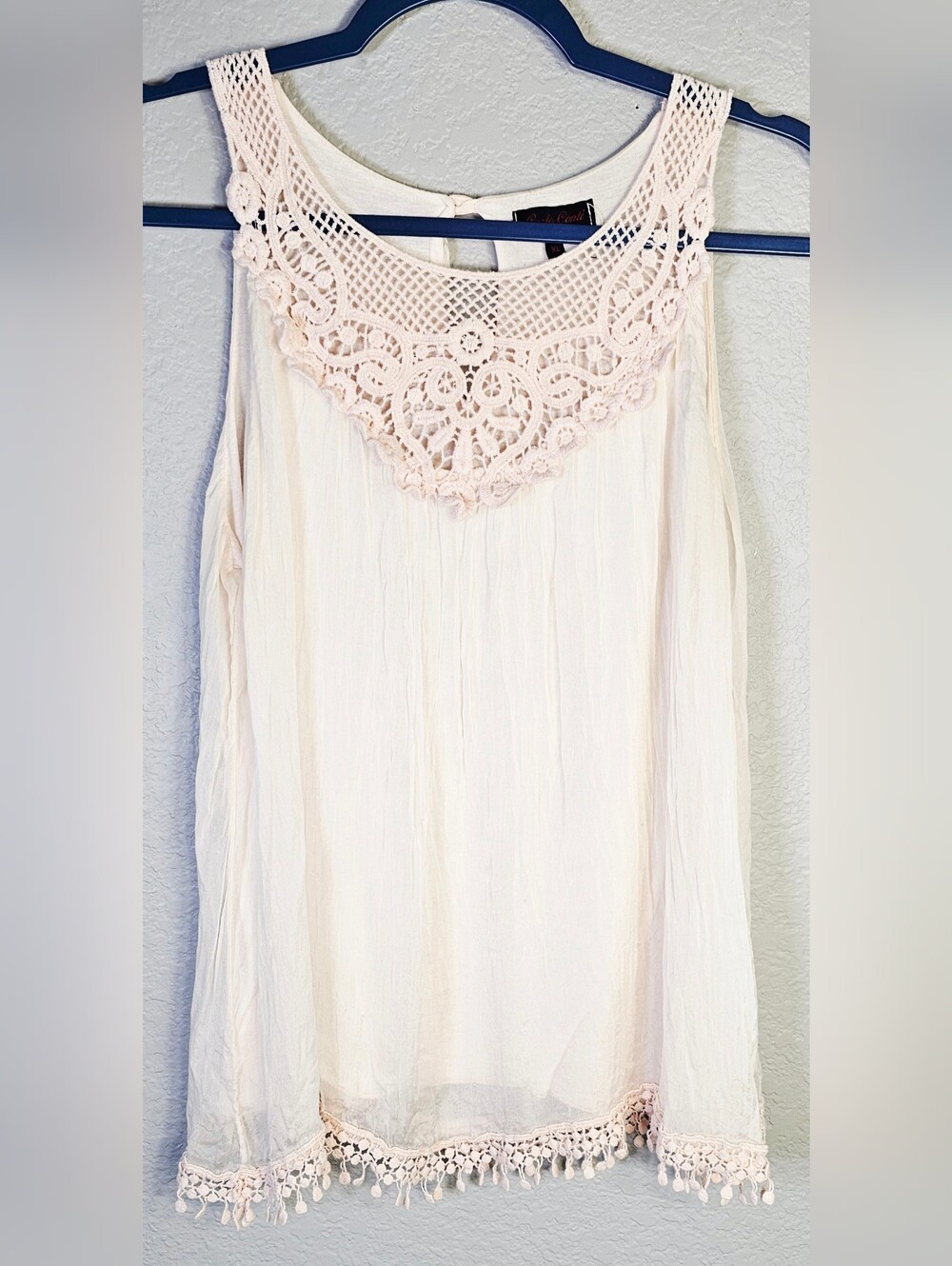 Carla Conti XL Silk Blouse Made Italy Crochet Lace Boho Sleeveless Blush Pink